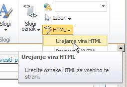 Slika 13: Izberemo urejanje vira HTML 7. Vstavimo povezavo do spcd.js datoteke V modalnem oknu ki se pojavi urejamo izvorno kodo HTML za vsebino spletnega gradnika.