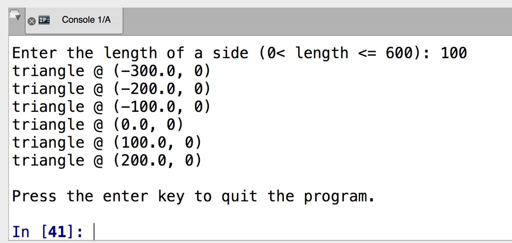 Part (d) [Nested loops, Problem solving] : Modify your program so that it draws a row of as many triangles as can fit, side-by-side, within the coordinates (-300, 0) to (300, 0).