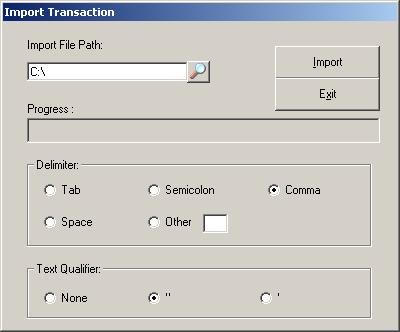 12.2 Importing Transaction Database To import transaction from a text file: 1) Click the Import button in the Transaction Database frame to open the Import Transaction Window.
