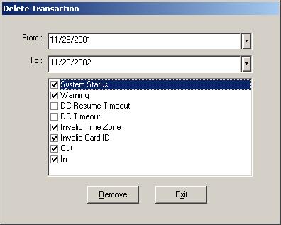 a b c Figure 23. Delete Transaction Window a. Date The area contains fields for system user to specific the starting and ending days of the transaction record to be deleted. b. Transaction Type Check Boxes This area contains check boxes of different kinds of transaction record.