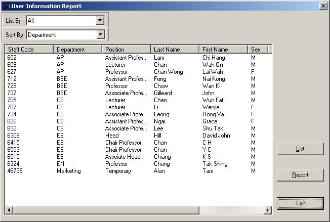 of the Main Window. The User Information Window consists of the following: a b c Figure 29. User Information Report Window a.