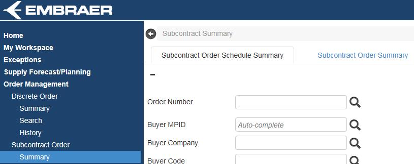 can search for an entire order (at the header level) using Subcontract Order Summary. The default page that displays is Subcontract Order Schedule Summary.