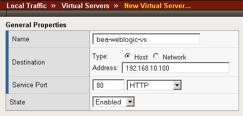 Deploying the BIG-IP System with BEA WebLogic Servers Creating the virtual server Next, we configure a virtual server that references the profiles and pool you created in the preceding procedures.