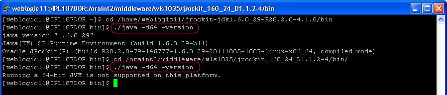 ./java d64 version 64 bit JVM shows the version details where as 32bit throws an error. To change the JVM heap parameters modify setdomainenv.sh under domain FCUBSCL in both servers.