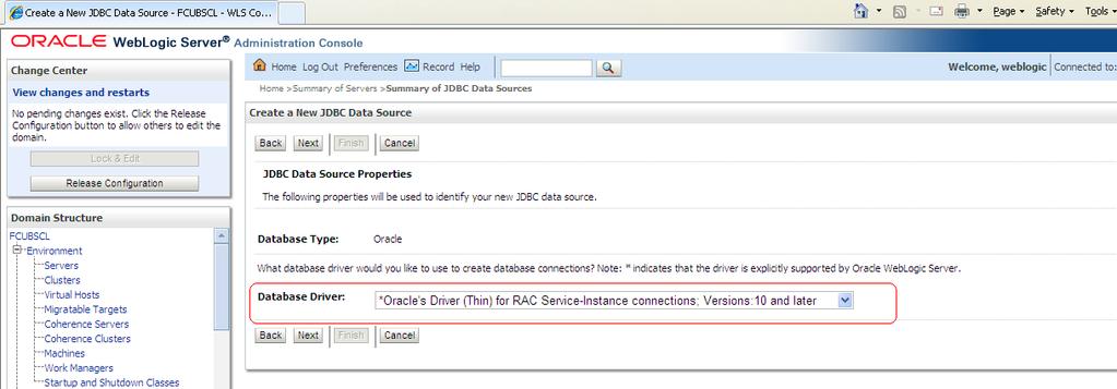 Enter name, JNDI name and database type, Choose driver Oracle s Driver (Thin) for RAC