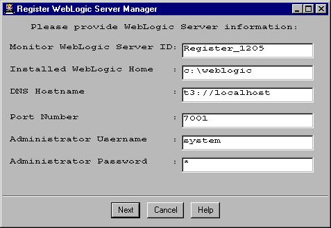 To Register a WebLogic 5.1 Server 1. Right-click the BEAWLS_SETUP_V51 icon and choose KM Commands => Register WebLogic Server. The Register WebLogic Server Manager dialog box is displayed. 2.