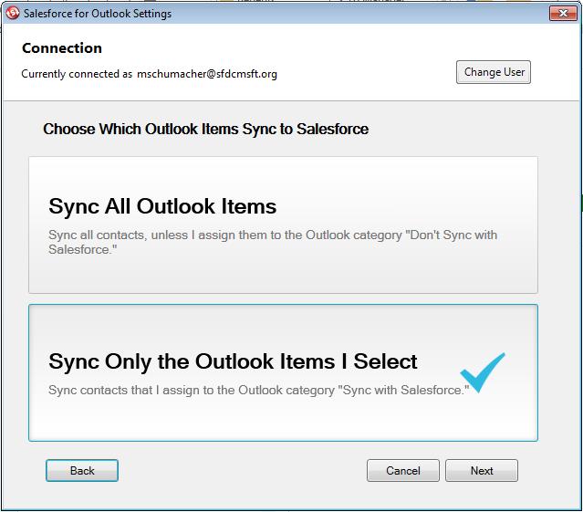 Install and Set Up Salesforce for Outlook Choose to sync individual contacts, events, and tasks.