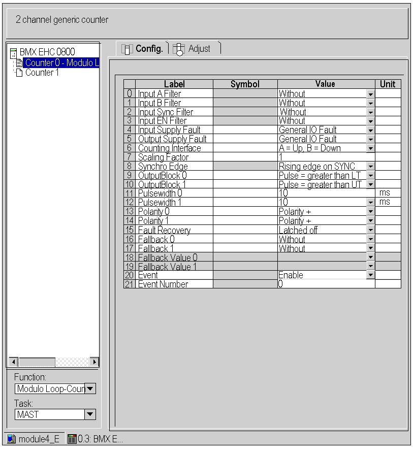 Application using Unity Pro Counting Module Configuration The table below shows the procedure for selecting the counting function and configuring the module reflex outputs.