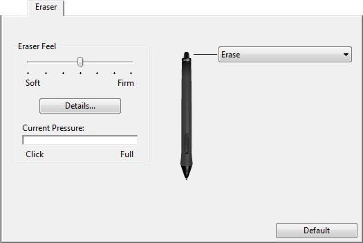 11 ADJUSTING ERASER FEEL To adjust the eraser sensitivity of your pen, select the ERASER tab. Customizes the amount of pressure needed to erase. Select the function to perform when using the eraser.