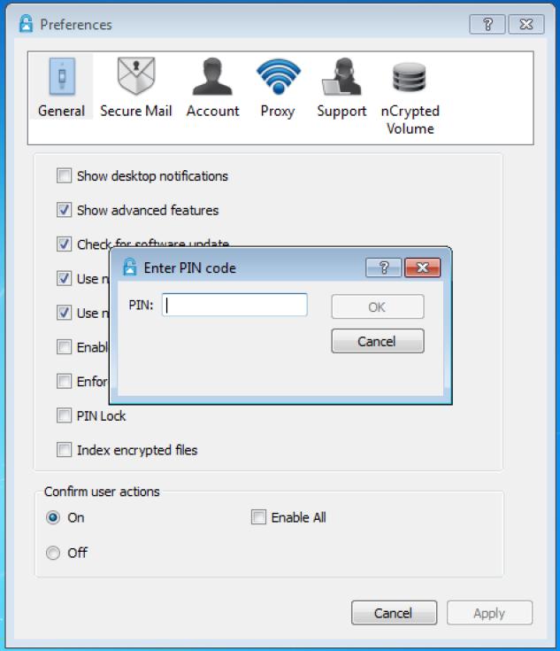 8. PIN Lock (optional): Require a PIN to access ncrypted Cloud. In order to enable this setting on the desktop client, you must first set a person PIN either on the Web Portal or Mobile App.