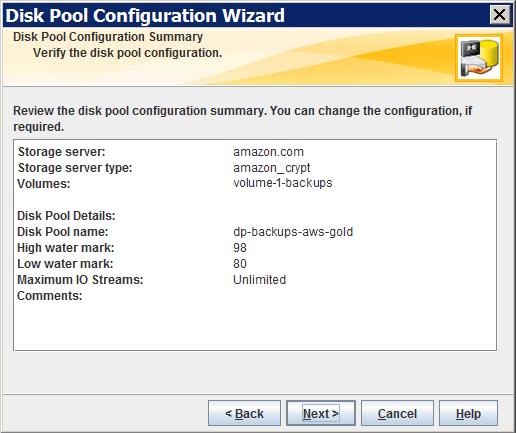 Configuring a disk pool for cloud storage 84 8 On the Summary panel, verify the selections.