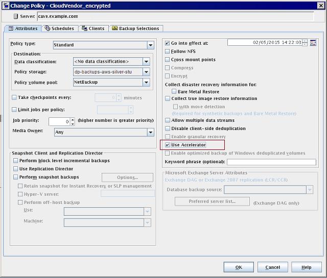 Enabling NetBackup Accelerator with cloud storage 96 Enabling Accelerator for use with NetBackup cloud storage 1 In the NetBackup Administration Console, select NetBackup Management > Policies >