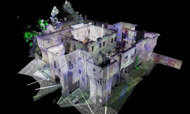 Cross-section and internal front of Rocca realized with laser scanner data Therefore, the integrated check of measurements allowed to draw the exact geometry of the rooms, the thickness of