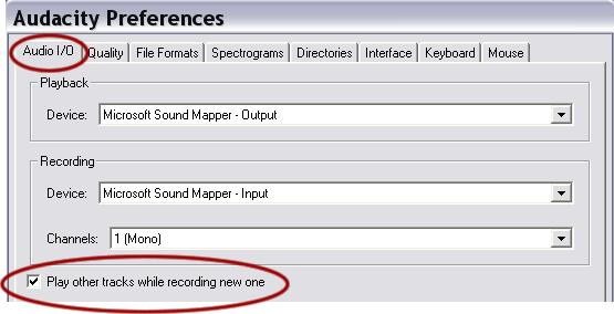 Listening to an existing track while recording a new one 1. Open Audacity 2. Be sure that you can playback and record at the same time. a. Click on File > Preferences.
