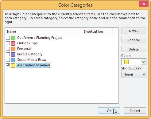 Categorize Quick s Assign a Color Category to a Contact 1. Select contact in Content pane. 2. Tap or click Categorize button in Tags group on HOME tab. 3. Tap or click desired color category.