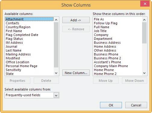 Figure 4.10 Show Columns Dialog Box Changing Contact Names and Filing Options Open the Outlook Options dialog box with the People pane active, as shown in Figure 4.
