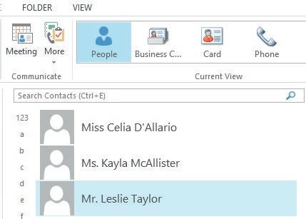 2. Edit the telephone numbers for Leslie Taylor in the Reading pane in People view by completing the following steps: a. Tap or click the People button in the Current View group on the HOME tab. b. Tap or click to select Mr.