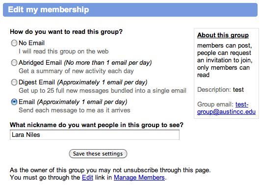 group myfriends@googlegroups.com, you could remove yourself by sending a blank email tomyfriends+unsubscribe@googlegroups.com. Go to the Group s homepage and remove yourself as a member. 1.