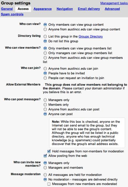 Group Access Settings Owner The owner of the group manages the group from that point forward.