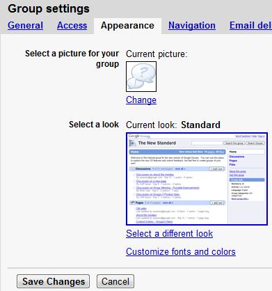 Appearance Select a picture for your group, select a different look, and/or customize fonts and colors. Remember to save your changes.
