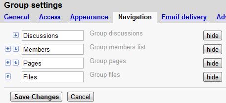 To do so, click on the "Group settings" link, and then click on the "Navigation" tab. There will be two fields: "Discussions" and "Members".