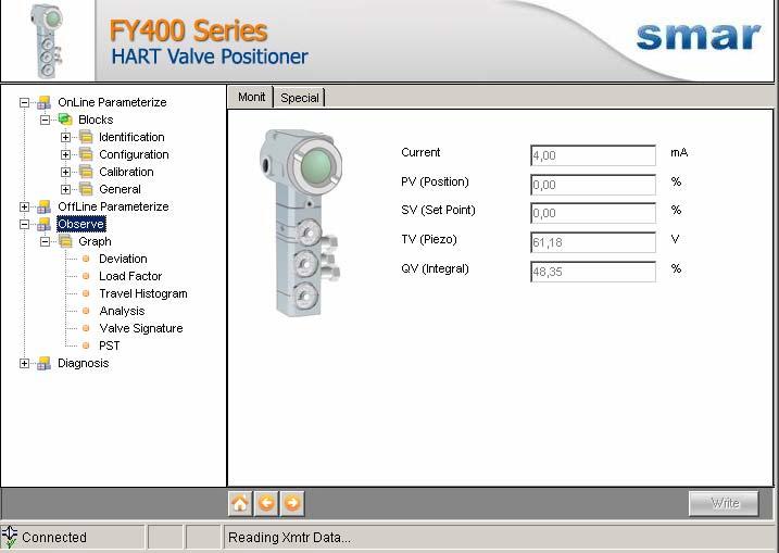 3. Observe Through this function is possible to monitor the FY400 process variables: Input (ma), Input (%), PV (%), SP (%).