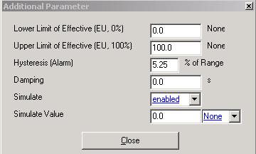 Simulation Via a selection list (inactive or inactive) a simulation of measurements can be switched on/off. To enter the values for the simulation and to set the units via a selection list.