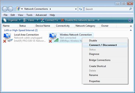 5. Click on "Manage Network Connections" on the left-hand side. 6. Right-click on "Wireless Network Connection" and select "Connect / Disconnect".