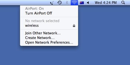 1. Click on the Airport icon at the top right corner of the screen on the menu bar, as shown below. If you cannot see an Airport icon, your wireless adapter may not be installed or inserted correctly.