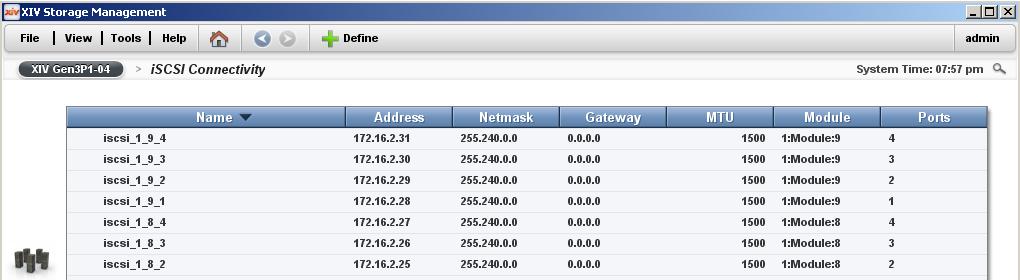 is displayed. Figure 9. XIV GUI iscsi connectivity table 3.