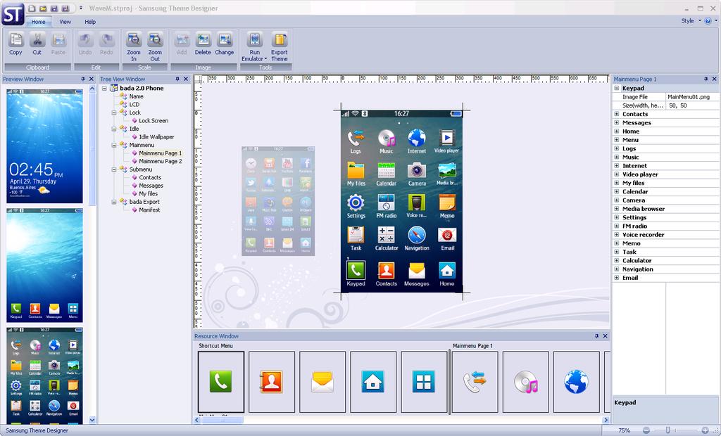 5. Window Layout The Samsung Theme Designer consists of several windows. There are differences among bada 2.x, bada 1.x, Feature (Touch) Phone Theme and Feature (NonTouch) Phone Theme type. bada 2.x / bada 1.