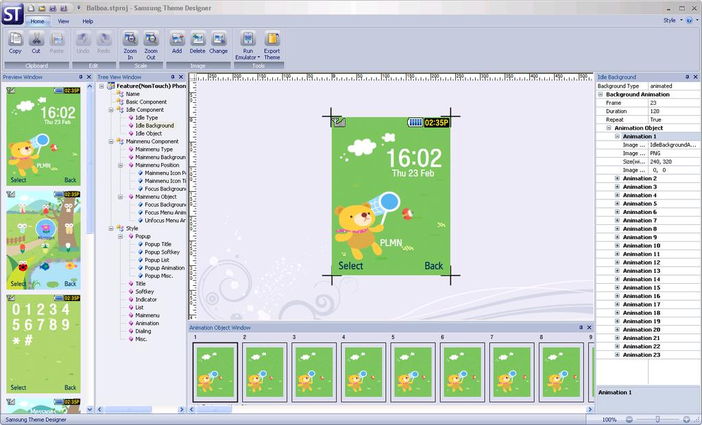 Feature (NonTouch) Phone Theme In Feature (NonTouch) Phone Theme type, the Designer tool consists of Working, Tree View, Preview, and Animation Object Windows. See FIGURE 5-2 for details.