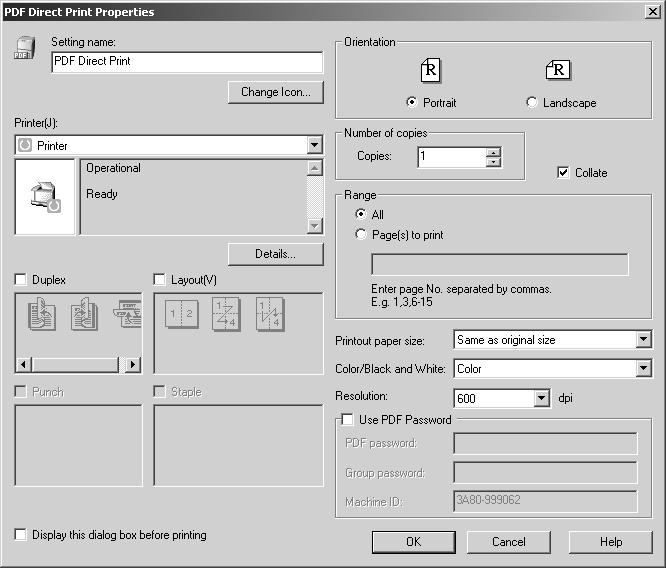 Other Print Operations PDF Direct Print Properties 3 1 2 3 4 5 6 7 8 9 10 11 12 13 14 15 16 17 AMU010S 76 1. Setting name: Displays the plug-in configuration name (up to 63 single byte characters) 2.