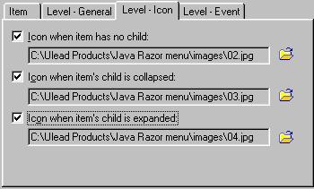 Level Icon Tab Icon settings determined in this tab will affect all menu items on this level. Image files can be specified for icons to appear beside each menu item.