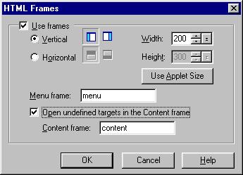 Using HTML frames Menu.Applet offers the choice of using frames in a Web page, providing greater flexibility when creating menus.