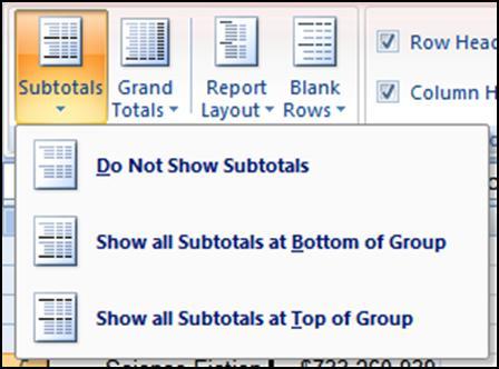 Move or Hide/Display Subtotals To change the location of your subtotals or hide them