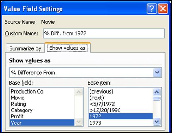 Summarize by is set to Count. b. In Custom Name type: % Diff. from 1972. c. Set Show values as to % Difference From. d. Set Base Field to Year. e. Set Base Item to 1972 f. Click OK. 4.