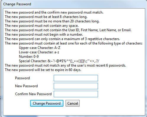 4. Enter the current password in the Password text field. 5. Enter a new password in the New Password text field. 6. Enter the new password again in the Confirm New Password text field.