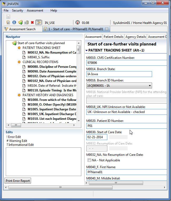 Assessment Details Screen Sections The specific Assessment