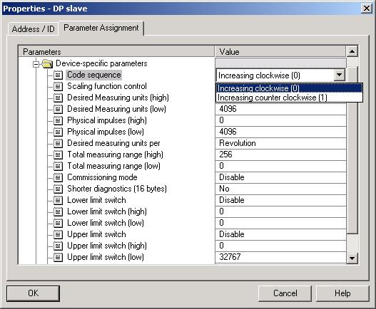 After choosing the Device-specific parameters the different parameters (depend on the encoder version) can be set.