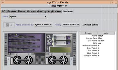 Photo-realistic view (front) Highlighted component (disk drive) Information about disk drive b. Select Logical View: system from the Views pull-down menu.