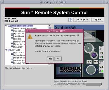 a. Turn the Sun Fire V490 server s power off (or on). Click the Power button on the front panel representation. A dialog box appears asking you to confirm the action.