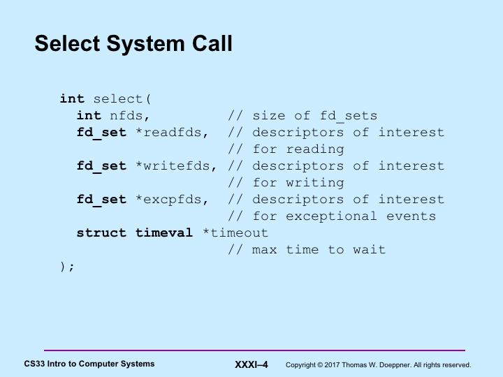 The select system call operates on three sets of file descriptors: one of fie descriptors we re interested in reading from, one of file descriptors we re interested in writing to, and one of file