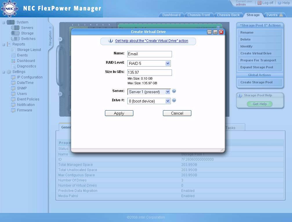 Virtual drives can be quickly reassigned to different servers with a couple of mouse clicks in the NEC FlexPower Manager UI without powering down the server or storage pool.