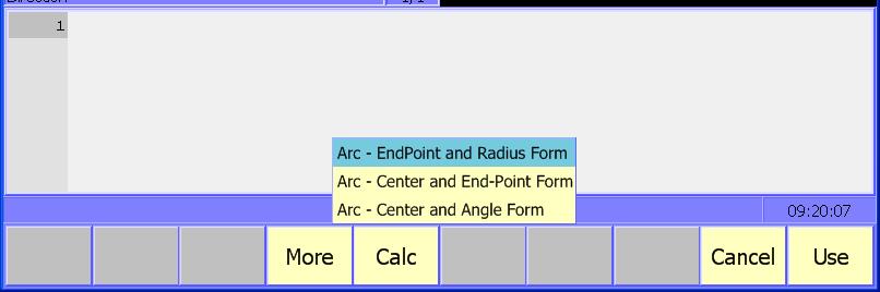 P/N 634 755-22 - Writing Conversational Programs Figure 3-14, Arc More (F4) Pop-up Menu 4. Highlight Arc EndPoint and Radius Form and press ENTER to display the graphic menu. Refer to Figure 3-15.