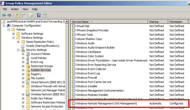 Figure 4 - Group Policy Object for WinRM Service 2. Create the WinRM listener: A.
