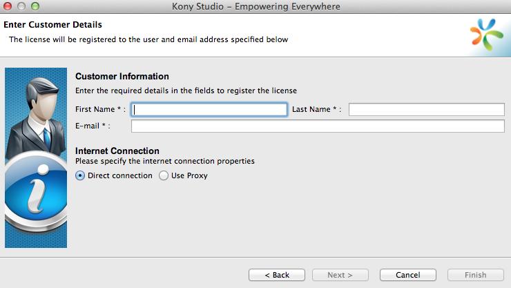4. Launching Kony Studio Kony Studio Installation Guide - Mac a. You can either provide the Kony Cloud credentials or select a license(.lic) file in this dialog to login to Kony Studio.