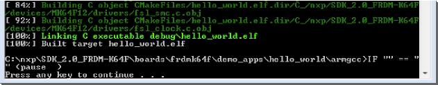 <install_dir>/boards/<board_name>/<example_type>/<application_name>/armgcc For this example, the exact path is: <install_dir>/examples/frdmk64f/demo_apps/hello_world/armgcc NOTE To change