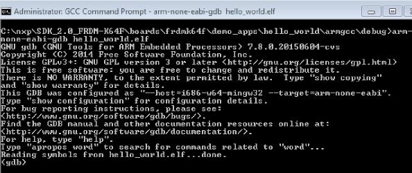 Run a demo using MCUXpresso IDE v10.0.0 8. Run the command arm-none-eabi-gdb.exe <application_name>.elf. For this example, it is arm-none-eabi-gdb.exe hello_world.elf. Figure 50.