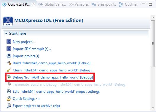 Run a demo using MCUXpresso IDE v10.0.0 Figure 58. Debug "hello_world" case 5.
